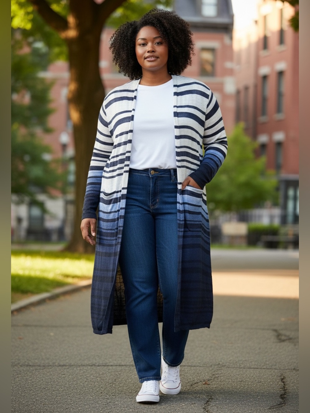 Chico’s Linen Blend Striped Ombre Open Front Cardigan Navy & White 3 16 XL